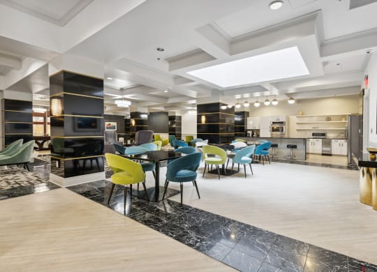 a look at the dining room at the flats at big tex apartments in san antonio