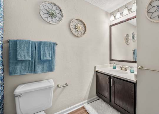 A bathroom with a toilet, sink, and mirror.