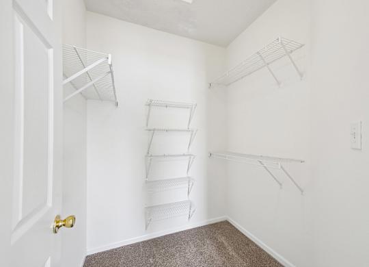 A white closet with shelves and a door.