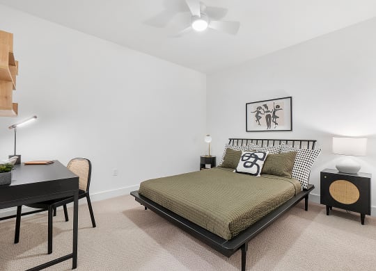 a bedroom with a bed and a desk