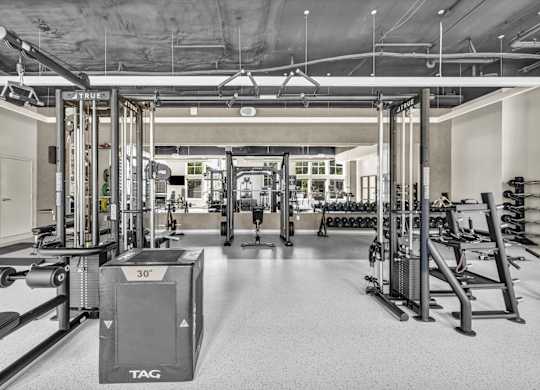 A gym with a variety of equipment including a TAG box.