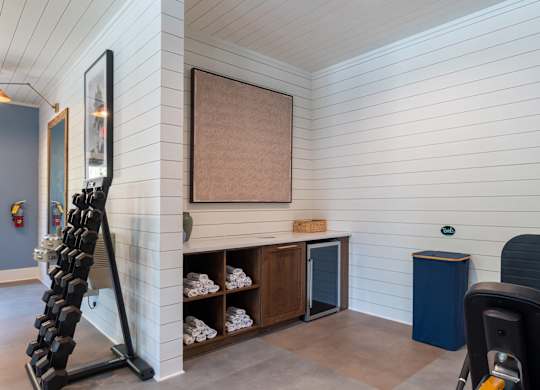 A room with a blue chair and a black exercise machine.