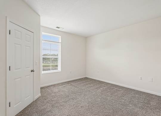 A room with a carpeted floor and a window showing a view of a street.