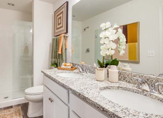 A bathroom with a marble countertop and a glass shower stall at The Mark Townhomes Apartments, Virginia