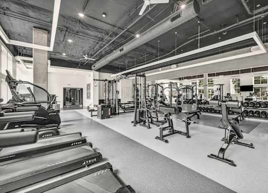 A gym with treadmills, weights, and other exercise equipment.
