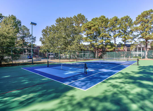 a blue and green tennis court with trees in the background