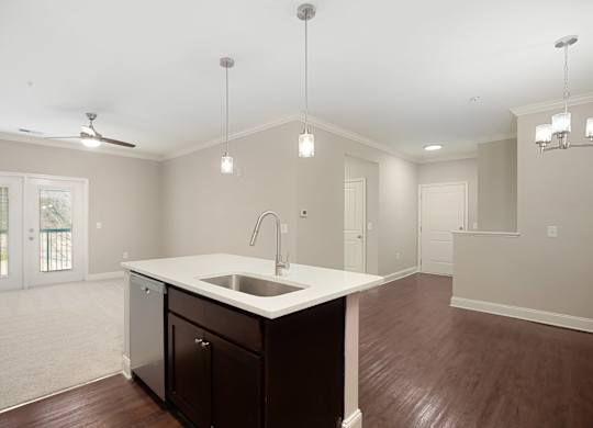 A kitchen with a sink and a counter.
