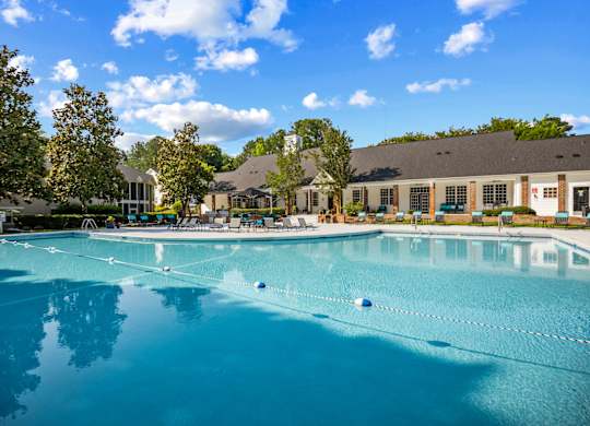 A large swimming pool with a blue water surface and white ropes.