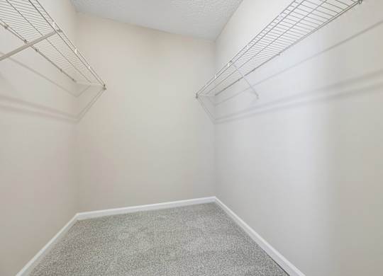 A room with a carpeted floor and two metal shelves.