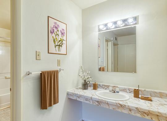 A bathroom with a marble sink and a brown towel hanging on the door at The Everett  Apartments in Roanoke, VA