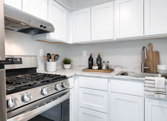 A modern kitchen with a stainless steel stove and white cabinets.