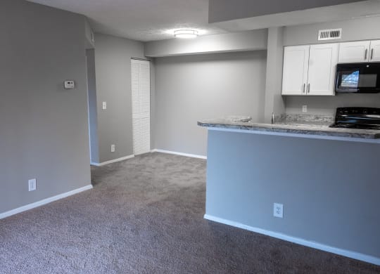 an empty living room with a kitchen and a counter top