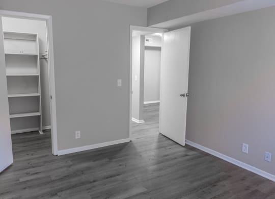 a bedroom with a closet and a hard wood floor