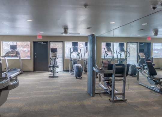 a gym with weights and cardio equipment in a building