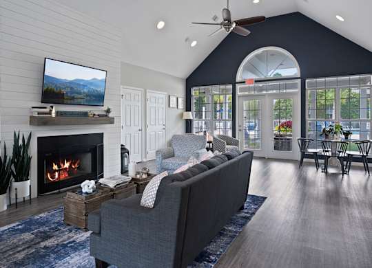 A modern living room with a fireplace and a television at Litchfield Oaks Apartments in South Carolina, 29585