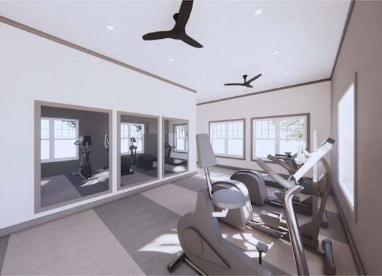 Gym with cardio equipment and a large window at The Mark, Harrisonburg, VA, 22801