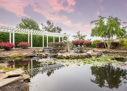Pond with trellis at Crosstimbers apartments