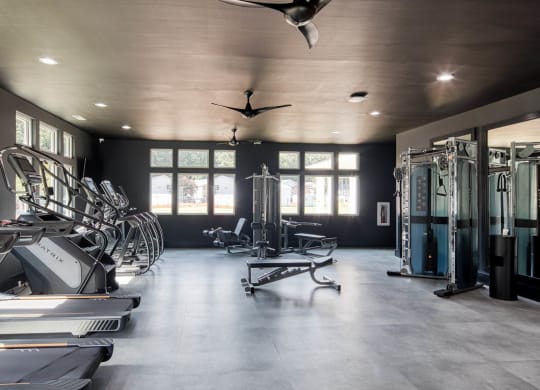 a home gym with plenty of exercise equipment and windows