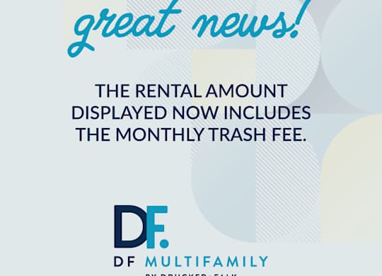 A poster announces that the rental amount now includes the monthly trash fee.