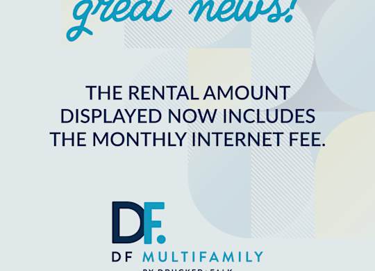 A poster announces that the rental amount now includes the monthly internet fee.