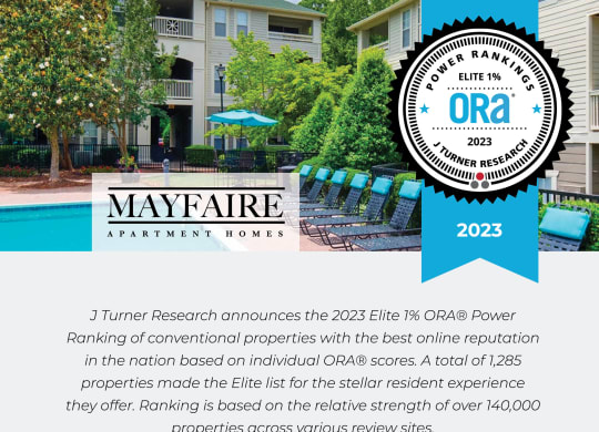 J Turner Research announces the 2023 Elite 1%  ORA Power Ranking of conventional properties with the best online reputation in the nation based on individual ORA scores.