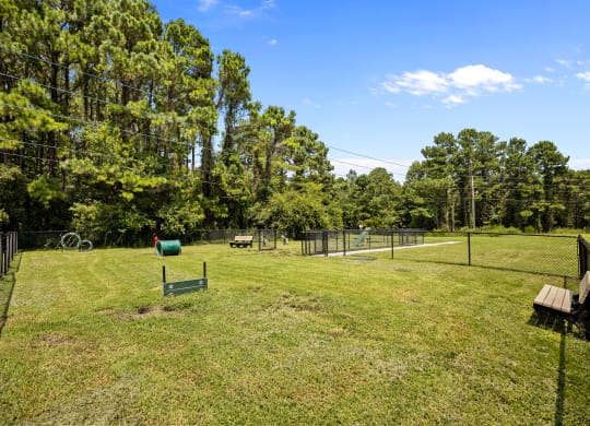 a dog park with a fenced in area and trees
