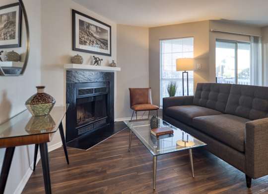 A living room with a black fireplace and a grey couch.