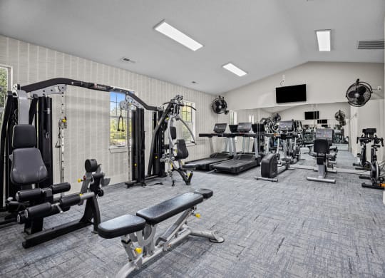 a gym with weights and cardio equipment and a tv