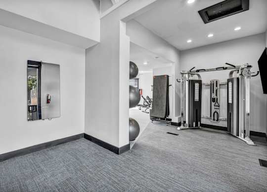 A gym with a variety of equipment including a treadmill, weights and a television.