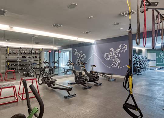 A gym with exercise equipment and a wall mural at Residences at Richmond Trust in VA, 23219