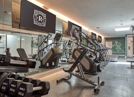 A gym with a variety of equipment including dumbbells and weight machines at Residences at Richmond Trust in Richmond, 23219