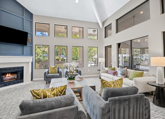 a living room with couches and chairs and a fireplace