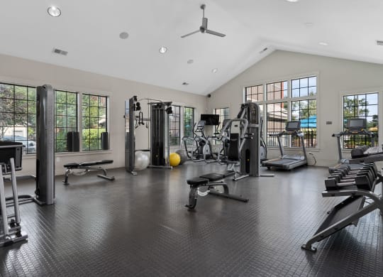 the gym at the district flats apartments in lenexa  at Hayden Lofts, Dublin, OH, 43016