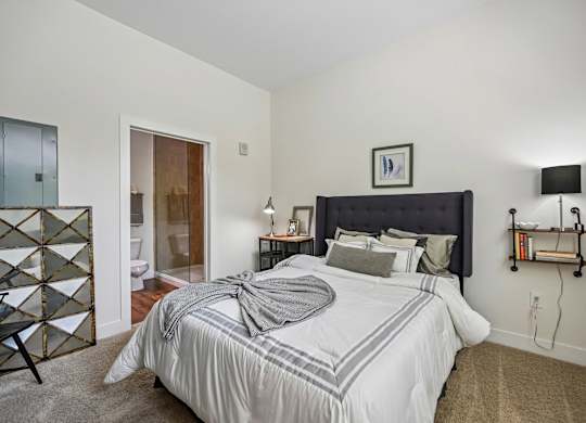 A bedroom with a large bed and a black headboard.