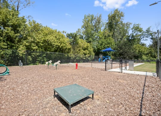 the dog park has a playground and a picnic table