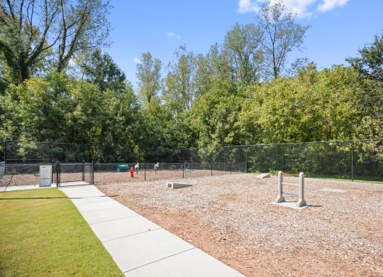 a fenced in dog park with a playground and trees