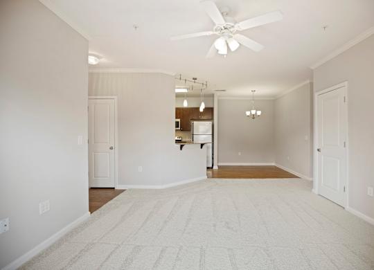 A room with a ceiling fan and a rug on the floor.