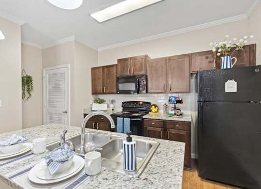 A kitchen with a black refrigerator and wooden cabinets.