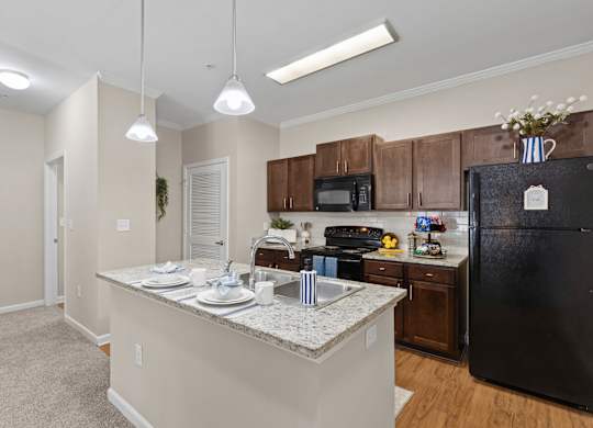 A kitchen with a black refrigerator and brown cabinets.