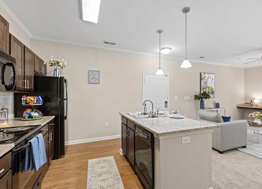 A kitchen with a black refrigerator and a marble countertop.
