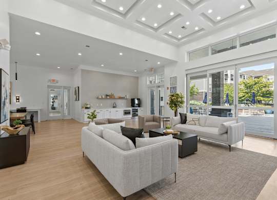A spacious living room with a grey sofa and a wooden floor.