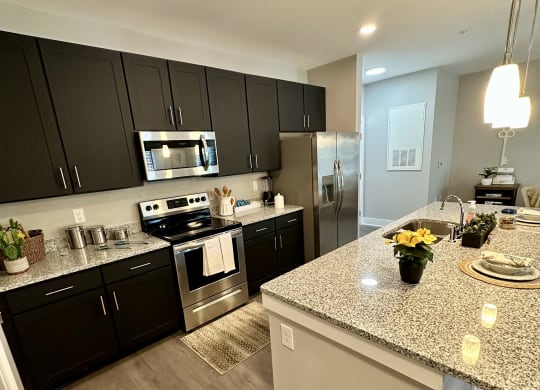 a kitchen with granite counter tops and black cabinets at Barclay Place Apartments, Wilmington, 28412