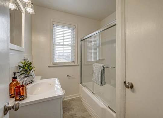 A bathroom with a white sink and a glass shower door.