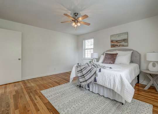 A bedroom with a bed, a ceiling fan, and a rug.