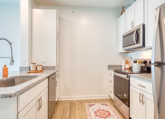 a renovated kitchen with granite counter tops and white cabinets and stainless steel appliances at Allure at Edinburgh, Chesapeake, VA, 23322