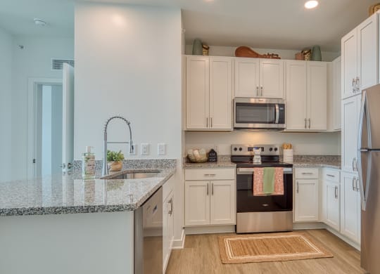 a kitchen with white cabinets and stainless steel appliances at Allure at Edinburgh, Chesapeake, VA, 23322