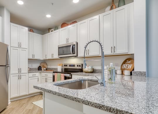 a kitchen with white cabinets and granite counter tops at Allure at Edinburgh, Chesapeake, VA, 23322