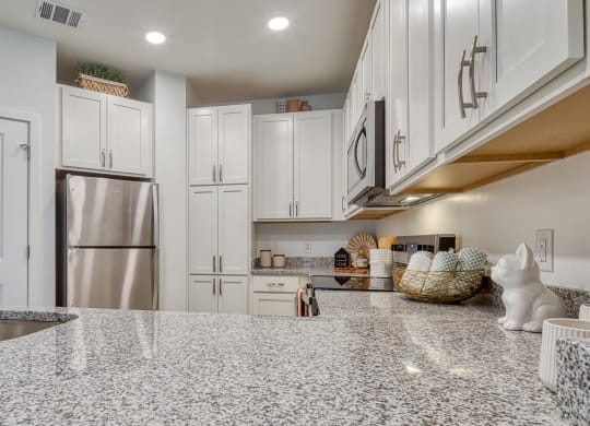 a kitchen with white cabinets and a marble counter top at Allure at Edinburgh, Virginia