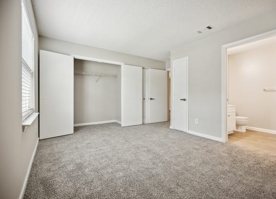 a bedroom with a closet and a toilet