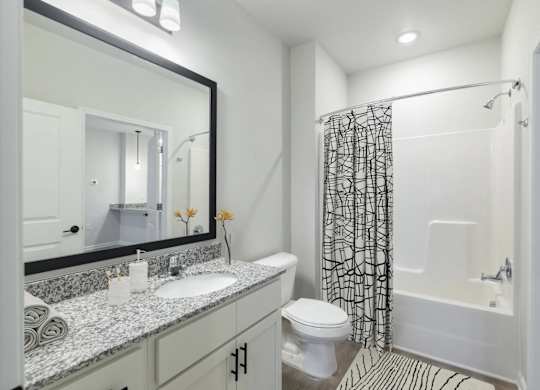 A bathroom with a sink, mirror, toilet, and shower.